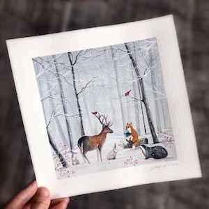 Forest Animal Art Print, Winter Artwork, Fox artwork