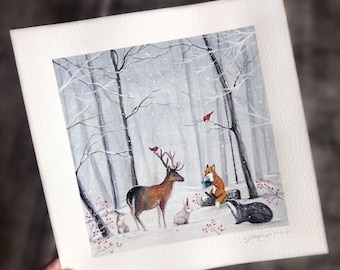 Forest Animal Art Print, Winter Artwork, Fox artwork