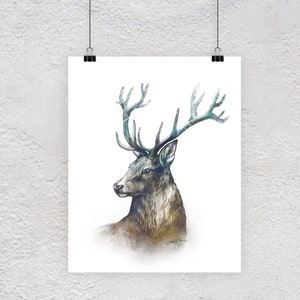 Impressão de arte de parede de cervo, ilustração de arte em aquarela, decoração de casa minimalista, chifres