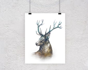 Deer Wall Art Print, Watercolor Art Illustration, Minimalist Home Decor, Antlers