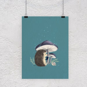 Hedgehog Art Print, Woodland Animals, Mushroom art