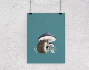 Hedgehog Art Print, Woodland Animals, Mushroom art