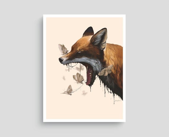 Fox painting, moth art, fox illustration, fox wall art, fox artwork, animal art print