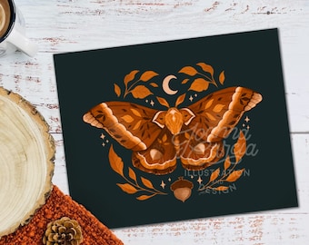 Moth Art Print, Fall Moth art, Cottagecore Moth Illustration, Halloween Moth art