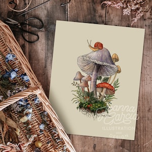Mushroom Art Print, Wild Flower Art, Wild Mushroom Illustration