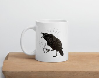 Raven and Coffee Mug, Crow Mug, Raven Mug, Crow art, Raven painting