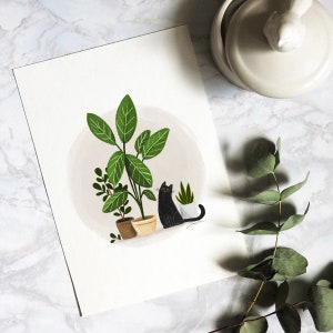 Black Cat Art Print, Cat and Plant Art, Cat Wall Art, Houseplant Art Print