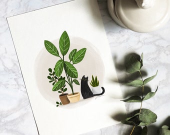 Black Cat Art Print, Cat and Plant Art, Cat Wall Art, Houseplant Art Print