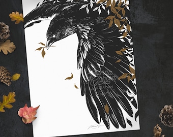 Raven Inkt Art Print, Zwarte Vogel Art, Kraai Illustratie Print