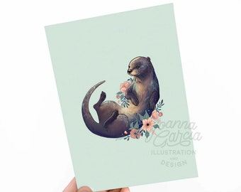 Otter and Floral Art print, Otter Illustration, Otter art