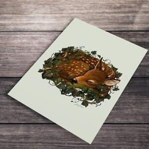 May include: A watercolor illustration of a sleeping fawn curled up in a wreath of green ivy with white flowers. The fawn has brown and white spots and closed eyes.