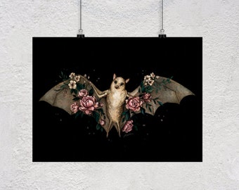 Fruit Bat Art, Bat Art Print, Floral Art print, Spooky Art, Halloween Art, Bat Decor