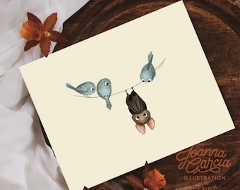 Babyvleermuiskunst, vleermuiskunstprint, spookachtige kunst, vogels op een lijn, Halloween-kunst, vleermuisdecoratie