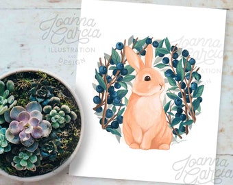 Rabbit and Blueberry Art Print, Bunny Art Print, Blueberry Illustration