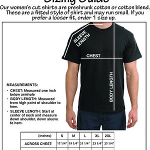 May include: A size chart for women's fit shirts. The chart shows measurements for across chest, body length, and sleeve length in inches. The measurements are listed for sizes S, M, L, XL, and 2XL.