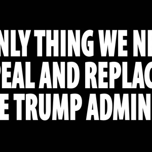May include: Black and white text on a black background that reads "The only thing we need to repeal and replace is the entire Trump administration."