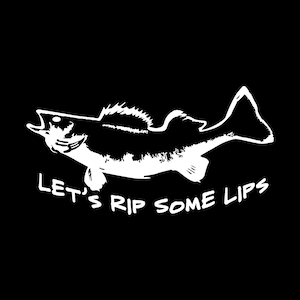 K&ouml;nnte beinhalten: Schwarz-wei&szlig;-Illustration eines Fisches mit dem Text "Let's Rip Some Lips" darunter.