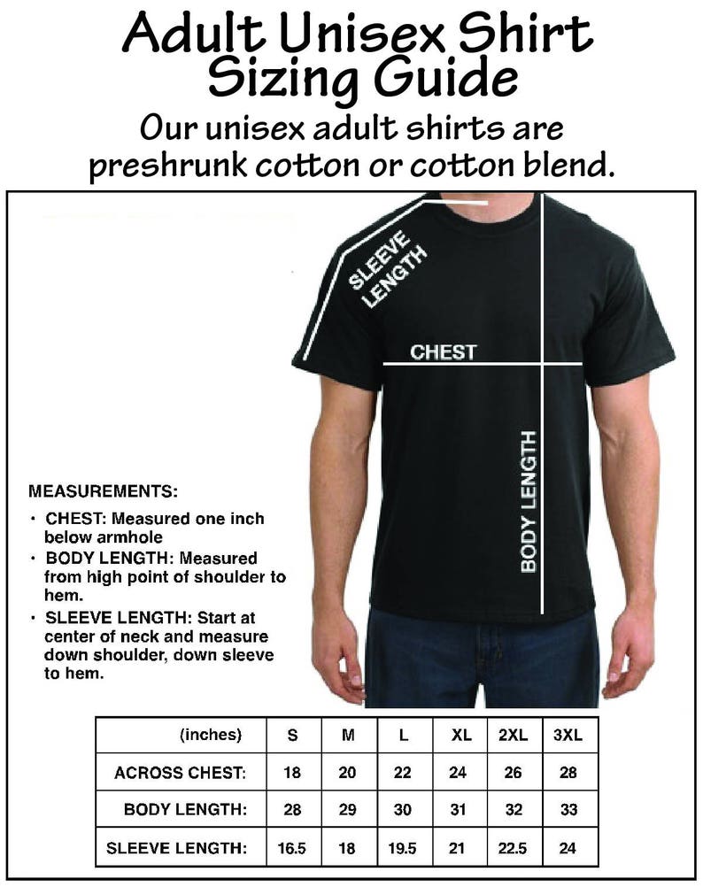 Op de afbeelding: Een zwart unisex T-shirt met een maattabel. De gids bevat metingen voor borst, lichaamslengte en mouwlengte in inches. De tekst luidt "Maattabel voor unisex shirts" en "Onze unisex shirts zijn van voorgekrompen katoen of katoenmix."