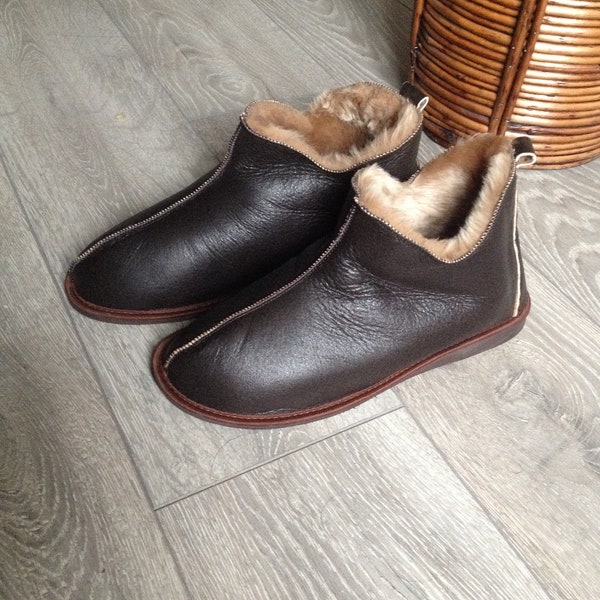 Mens Genuine Sheepskin Slippers Boots 100% Leather natural Fur