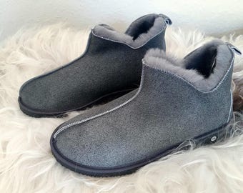 Mens Genuine Sheepskin Slippers Boots 100% Leather natural Fur