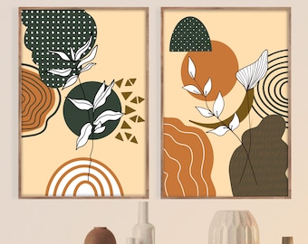 Boho Floral Digital Print Set/Organic Colors/Abstract Shapes with Cream Background (2 Prints)