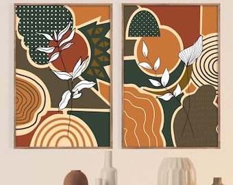 Boho Floral Digital Print Set/Organic Colors/Abstract Shapes (2 Prints)