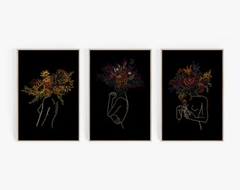 Female Figure Line Art + Boho Floral Digital Print Set (3 Prints) - Black Background