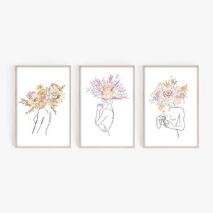 Female Figure Line Art + Boho Floral Digital Print Set (3 Prints)