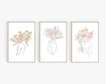 Female Figure Line Art + Boho Floral Digital Print Set (3 Prints)