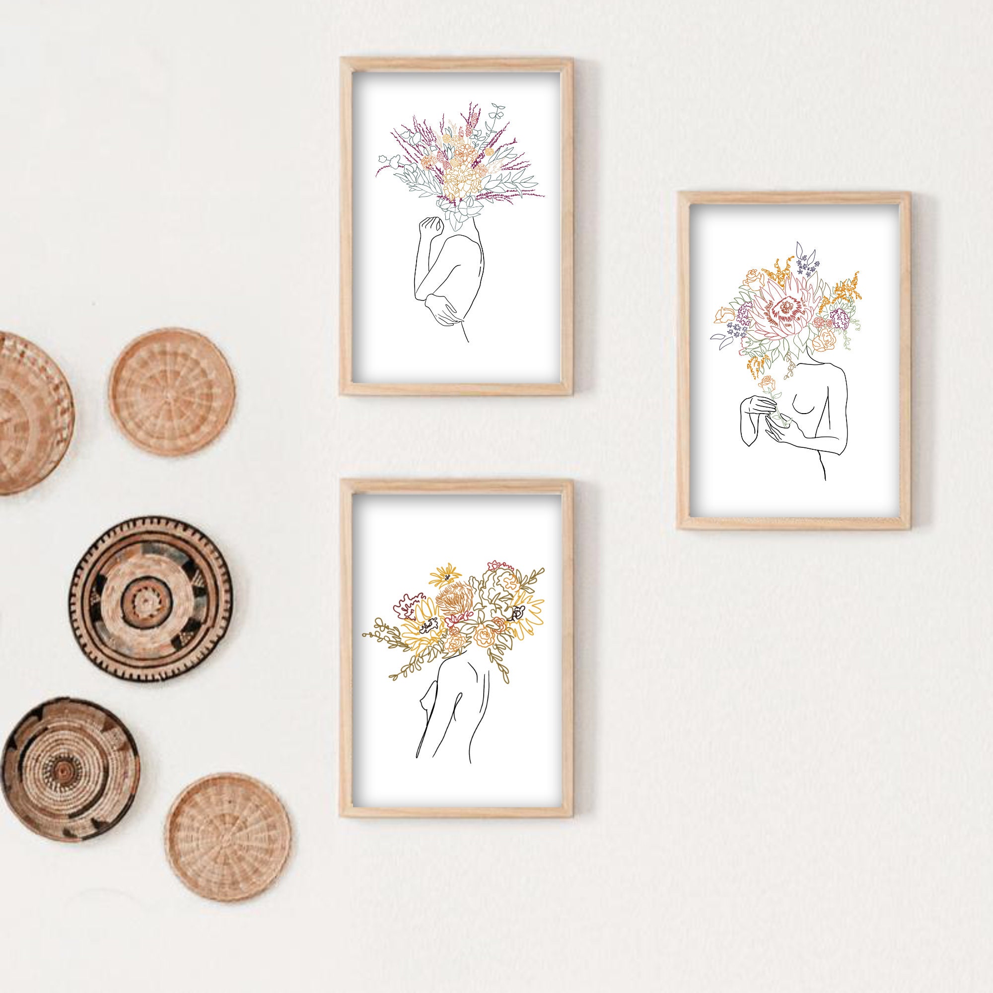 Female Figure Line Art + Boho Floral Digital Print Set (3 Prints) - Etsy
