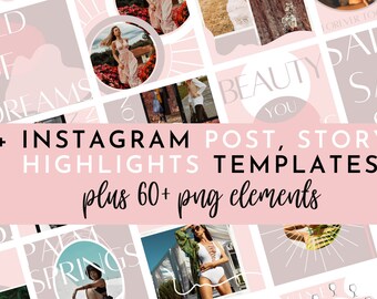 120+ Instagram Posts Templates & PNG Elements (Pink/Neutrals) - Retail - Business - Blogger - Fashion - Canva - Branding