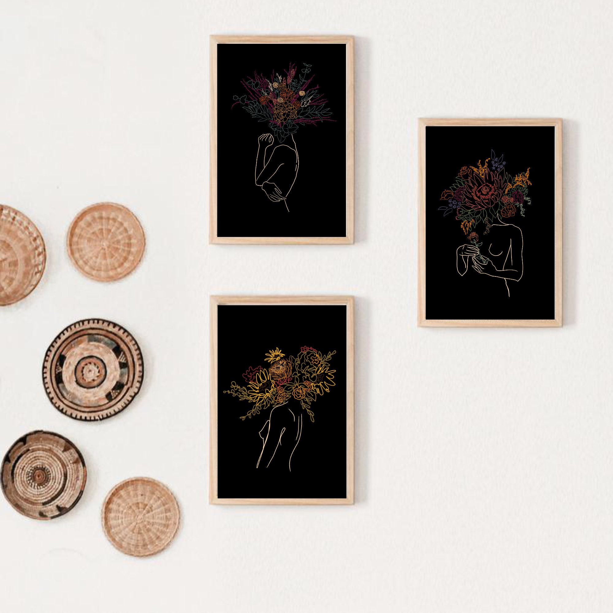 Female Figure Line Art + Boho Floral Digital Print Set (3 Prints ...