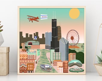 Chicago Cityscape Skyline Map Digital Print/Illustration