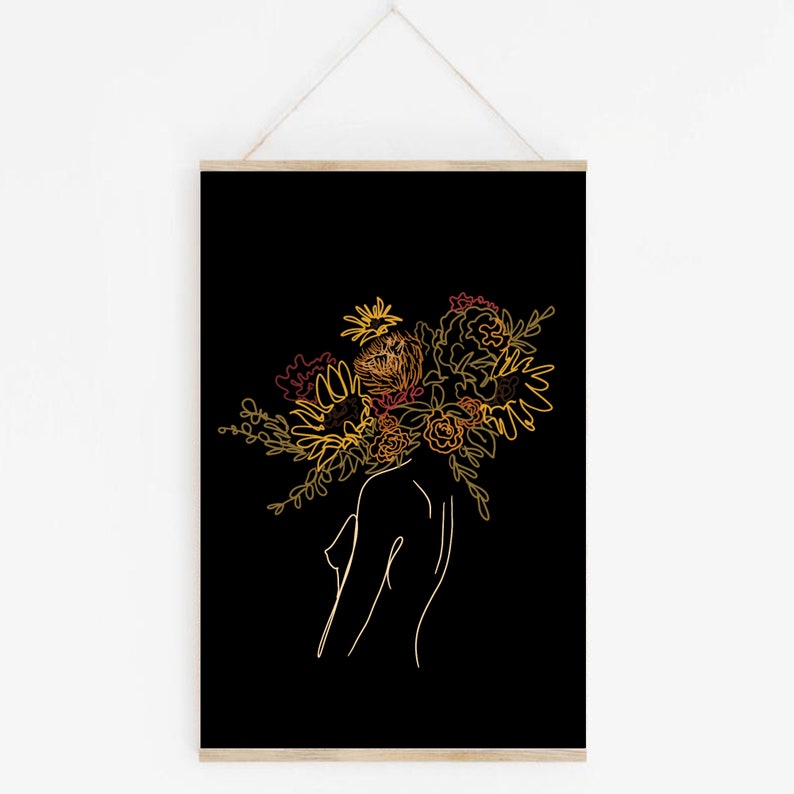 Female Figure Line Art + Boho Floral Digital Print Set (3 Prints ...