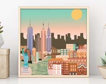 New York City (NYC) Cityscape Skyline Map Digital Print/Illustration