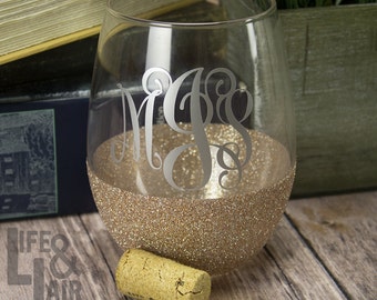 Monogram Wine Glass - Stemless Wine Glass - Glitter Wine Glass - Custom Wine Glass - Wine Gift - 21st Birthday Gift - Bridesmaid Gift