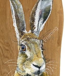 May include: A close-up painting of a hare's head and ears, with textured brushstrokes. The hare features brown and white fur and long, upright ears. The artwork is mounted on a wooden panel, with the artist's signature "Diane" visible.
