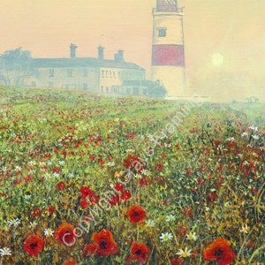 May include: A painting of a coastal landscape with a lighthouse, a building, and a field of red poppies and white daisies. The lighthouse has red and white stripes. The sky is a soft yellow, suggesting dawn or dusk.