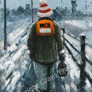 May include: An oil painting depicts a person walking away in a snowy landscape. The person wears a red and white striped hat, an orange vest with "NCB" on the back, and carries a lantern. The artwork has a textured, impressionistic style.