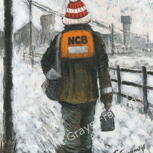 May include: An oil painting depicts a person walking in a snowy landscape. The person wears a red and white striped hat, a dark green jacket with an orange NCB patch, and carries a bag and a lantern. The background shows industrial buildings.