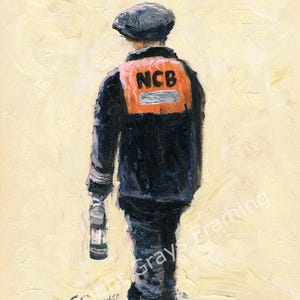 May include: Oil painting of a person in a dark jacket and cap, walking away from the viewer. The person wears an orange vest with the letters "NCB". They hold a silver object, possibly a flashlight or lantern.