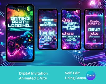 Könnte beinhalten: Vier Smartphones zeigen digitale Einladungen zu einer Gaming-Party mit Neon-Grafiken. Das erste Telefon zeigt einen Controller und den Text "Gaming Party Loading...". Andere Telefone zeigen Eventdetails, einschließlich RSVP-Informationen und den Text "Maisie Has Reached Level 14".