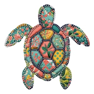 May include: A colorful, quilted turtle with a patchwork design. The turtle features various floral and geometric patterns in shades of teal, pink, yellow, and green. The edges are outlined with a dark blue stitch.