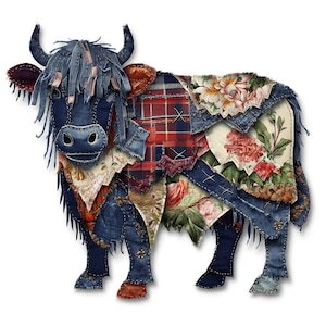 Highland Cow Patchwork PNG, Faux Quilt Heilan Coo Art (Digital Download)