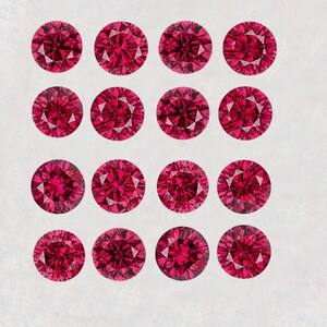 May include: A collection of 16 round, red gemstones arranged in a grid pattern on a white background.