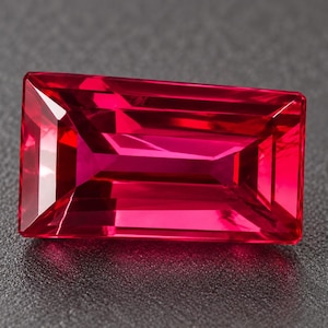 Puede incluir: Una piedra preciosa rectangular facetada de color rojo intenso y vibrante. La piedra presenta un corte escalonado con bordes afilados y limpios, y una superficie altamente pulida y reflectante que muestra refracción de luz interna.
