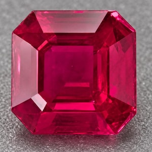 Puede incluir: Una piedra preciosa de corte cuadrado con un color rojo intenso y vibrante y una superficie facetada. La piedra presenta bordes afilados y limpios y una forma geométrica simétrica, mostrando reflejos de luz internos y un acabado pulido brillante.