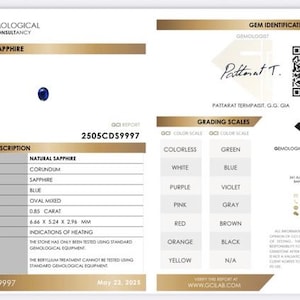 May include: A gemological report for a natural sapphire. The document includes details such as the sapphire's color, cut, carat weight (0.85), and dimensions (6.66 x 5.24 x 2.96 mm). The report is dated May 23, 2025.