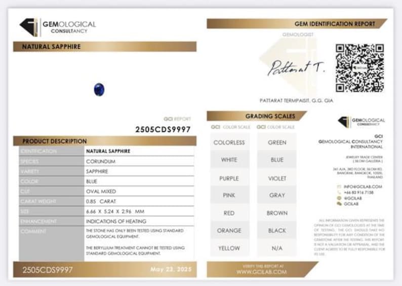 May include: A gemological report for a natural sapphire. The document includes details such as the sapphire's color, cut, carat weight (0.85), and dimensions (6.66 x 5.24 x 2.96 mm). The report is dated May 23, 2025.