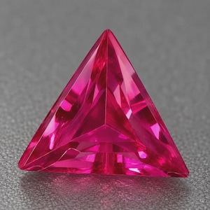 Pode incluir: Uma gema rosa vibrante cortada em um formato triangular afiado. A pedra apresenta uma superfície facetada com padrões geométricos que refletem a luz, criando reflexos magenta profundos e fúcsia brilhante em sua estrutura translúcida.